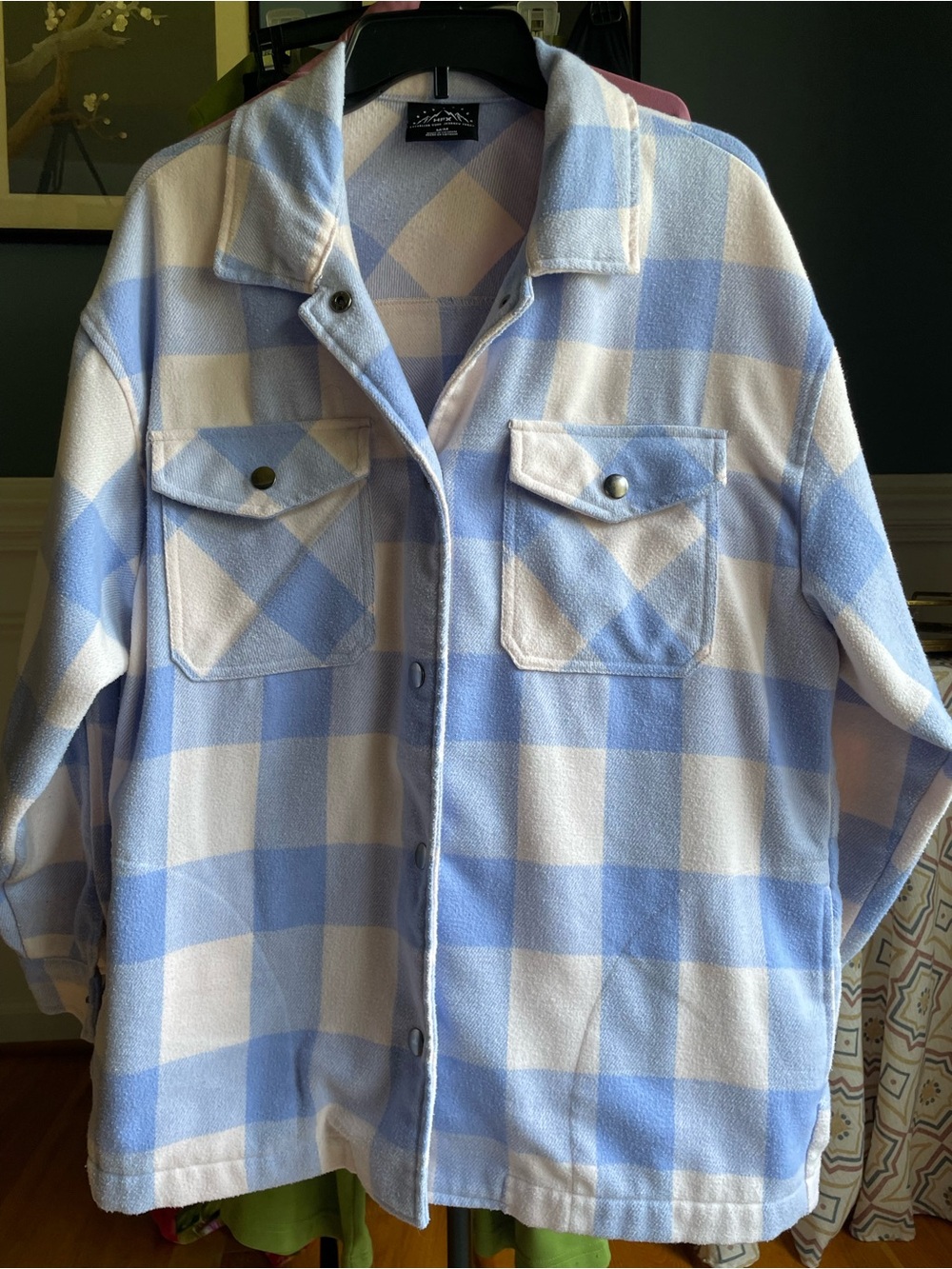 HFX Blue & White Buffalo Plaid Button-Up Shacket Size Medium